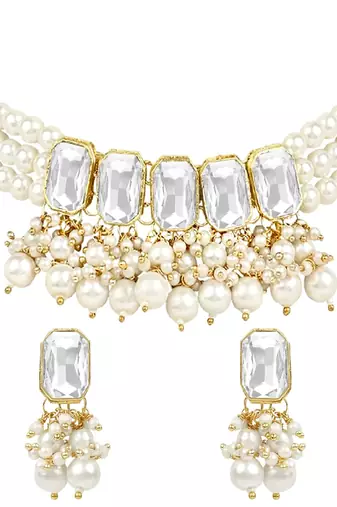 traditional white stone studded multi layered white pearl choker necklace jewellery set 