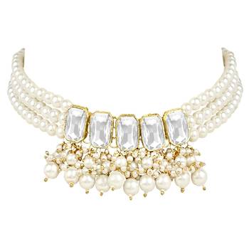 traditional white stone studded multi layered white pearl choker necklace jewellery set  4