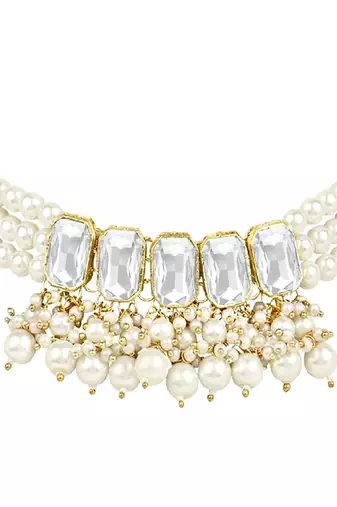 traditional white stone studded multi layered white pearl choker necklace jewellery set 