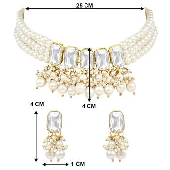 traditional white stone studded multi layered white pearl choker necklace jewellery set  5