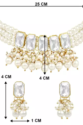traditional white stone studded multi layered white pearl choker necklace jewellery set 