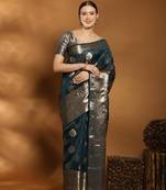 Lookslady Womens New Organza Silk Teal Blue Color Gold Zari Self Weaving Saree With Unstitched Matching Blouse