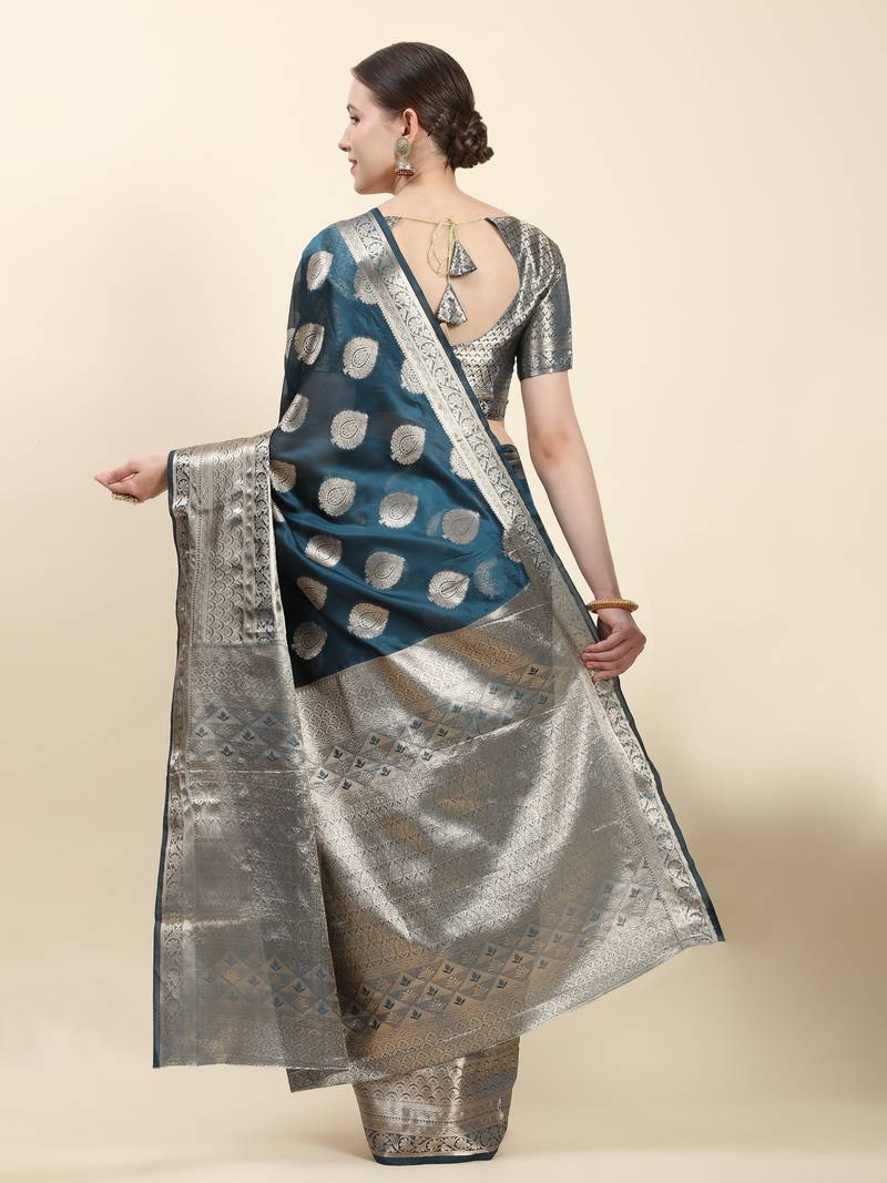Lookslady Womens New Organza Silk Teal Blue Color Gold Zari Self Weaving Saree With Unstitched Matching Blouse
