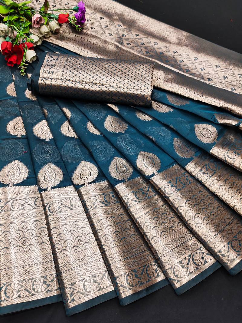 Lookslady Womens New Organza Silk Teal Blue Color Gold Zari Self Weaving Saree With Unstitched Matching Blouse
