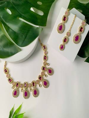 traditional kundan & stone choker necklace jewellery with earrings & maang tikka set  1