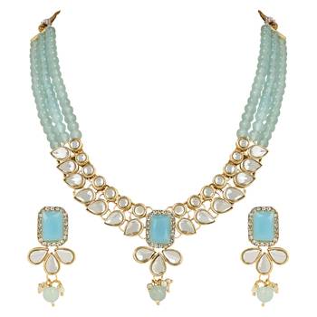 traditional white kundan studded multi layered pearl necklace jewellery set with dangle earrings  1