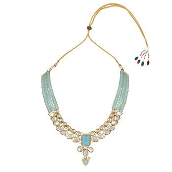 traditional white kundan studded multi layered pearl necklace jewellery set with dangle earrings  2