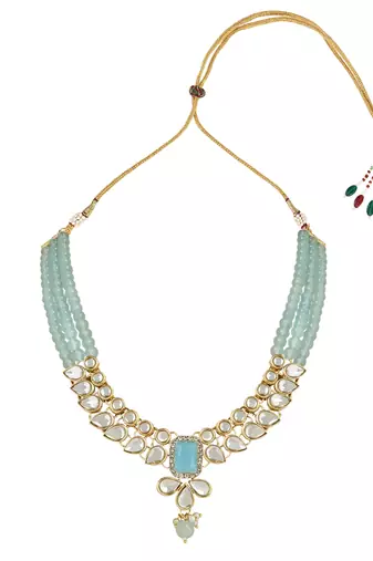 traditional white kundan studded multi layered pearl necklace jewellery set with dangle earrings 