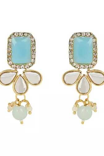 traditional white kundan studded multi layered pearl necklace jewellery set with dangle earrings 