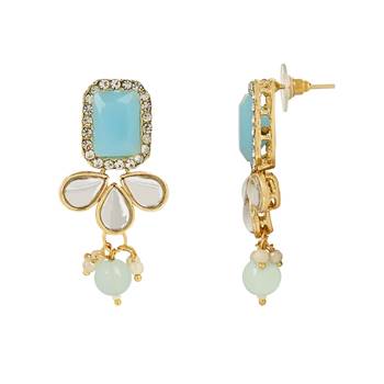 traditional white kundan studded multi layered pearl necklace jewellery set with dangle earrings  4