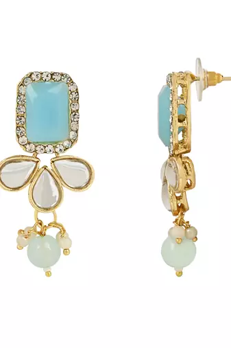 traditional white kundan studded multi layered pearl necklace jewellery set with dangle earrings 