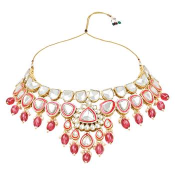 traditional pearl kundan necklace jewellery set with earring maang tikka set  3