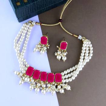 traditional stone studded multi layered white pearl choker necklace jewellery set with earrings  1