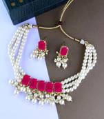 traditional stone studded multi layered white pearl choker necklace jewellery set with earrings 