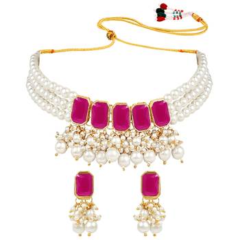 traditional stone studded multi layered white pearl choker necklace jewellery set with earrings  3