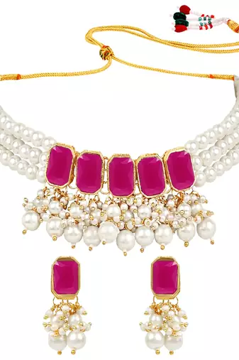 traditional stone studded multi layered white pearl choker necklace jewellery set with earrings 