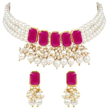 traditional stone studded multi layered white pearl choker necklace jewellery set with earrings  4