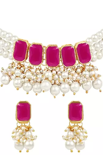 traditional stone studded multi layered white pearl choker necklace jewellery set with earrings 