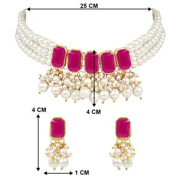 traditional stone studded multi layered white pearl choker necklace jewellery set with earrings  6