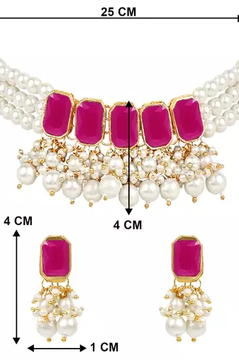 traditional stone studded multi layered white pearl choker necklace jewellery set with earrings 