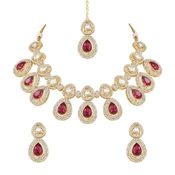 traditional kundan & stone studded choker necklace jewellery set with earrings & maang tikka  2