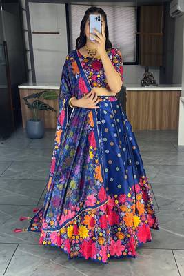 Royalblue Art Silk Printed Lehenga With Gota Patti Work With unstitched Blouse 1