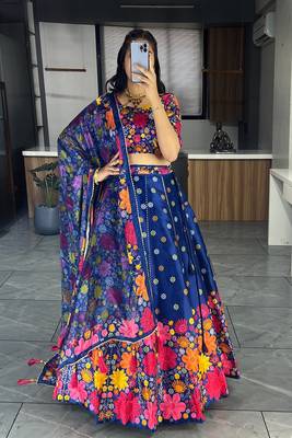 Royalblue Art Silk Printed Lehenga With Gota Patti Work With unstitched Blouse 2