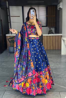 Royalblue Art Silk Printed Lehenga With Gota Patti Work With unstitched Blouse 3