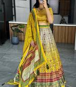 Yellowgreen  Art Silk Printed Lehenga With Gota Patti Work With unstitched Blouse
