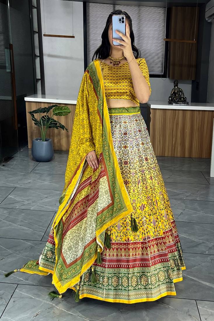 Yellowgreen  Art Silk Printed Lehenga With Gota Patti Work With unstitched Blouse