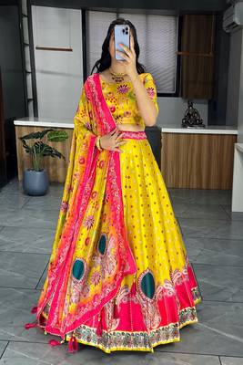 Yellowpink  Art Silk Printed Lehenga With Gota Patti Work With unstitched Blouse 1