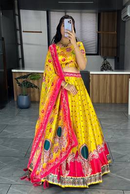 Yellowpink  Art Silk Printed Lehenga With Gota Patti Work With unstitched Blouse 2