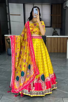 Yellowpink  Art Silk Printed Lehenga With Gota Patti Work With unstitched Blouse 3