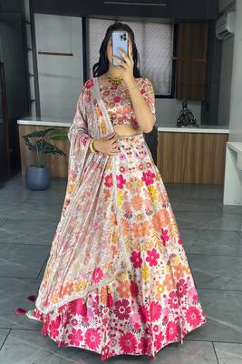 White  Art Silk Printed Lehenga With Gota Patti Work With unstitched Blouse 1