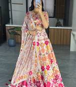 White  Art Silk Printed Lehenga With Gota Patti Work With unstitched Blouse