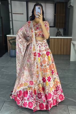 White  Art Silk Printed Lehenga With Gota Patti Work With unstitched Blouse 2