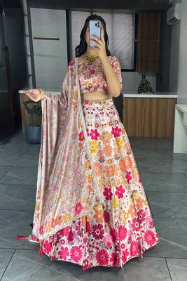 White  Art Silk Printed Lehenga With Gota Patti Work With unstitched Blouse 3