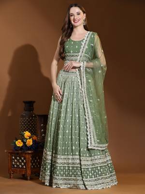 Green Lakhanvi Work Pure Viscose Georgette Ombre Party Wear Lehenga Choli Set 1