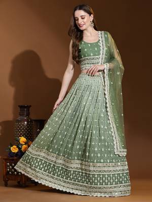 Green Lakhanvi Work Pure Viscose Georgette Ombre Party Wear Lehenga Choli Set 2