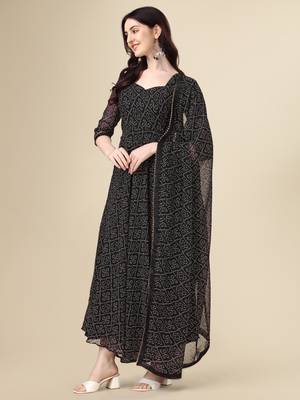 Black color georggette printed bandhni kurti with dupatta 3