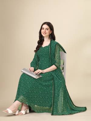 Green color georggette printed bandhni kurti with dupatta 2