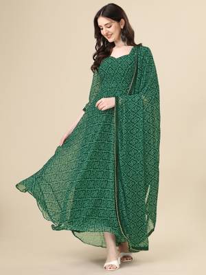 Green color georggette printed bandhni kurti with dupatta 1