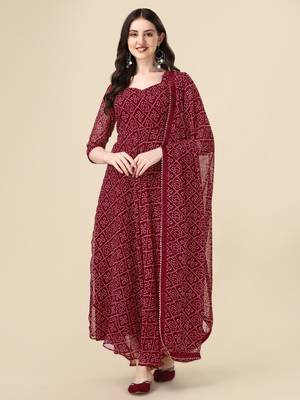 Maroon color georggette printed bandhni kurti with dupatta 1