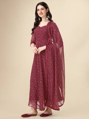 Maroon color georggette printed bandhni kurti with dupatta 2