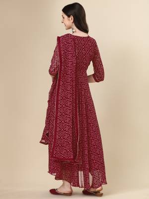 Maroon color georggette printed bandhni kurti with dupatta 3