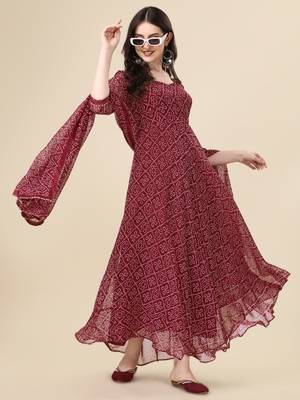 Maroon color georggette printed bandhni kurti with dupatta 4