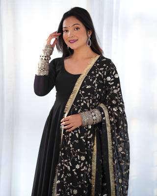 Black Georgette Fabric Fully Flair Stitched 3 Piece Long Stitched Gown 1