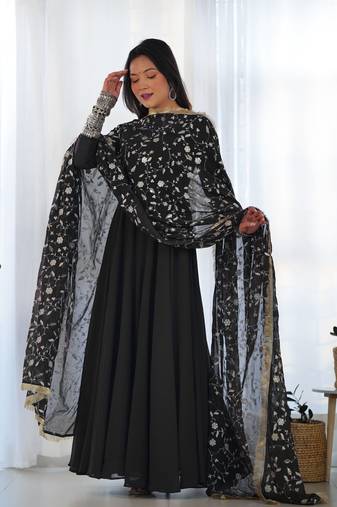 Black Georgette Fabric Fully Flair Stitched 3 Piece Long Stitched Gown