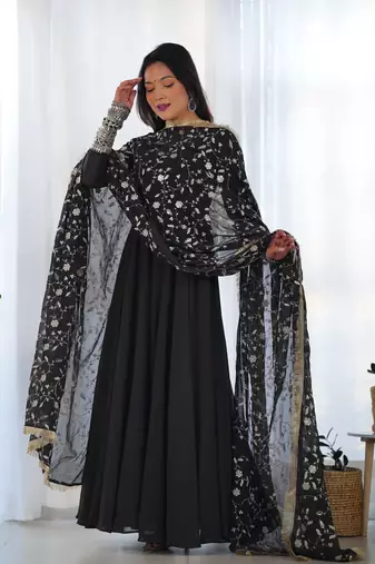 Black Georgette Fabric Fully Flair Stitched 3 Piece Long Stitched Gown