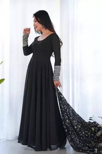 Black Georgette Fabric Fully Flair Stitched 3 Piece Long Stitched Gown